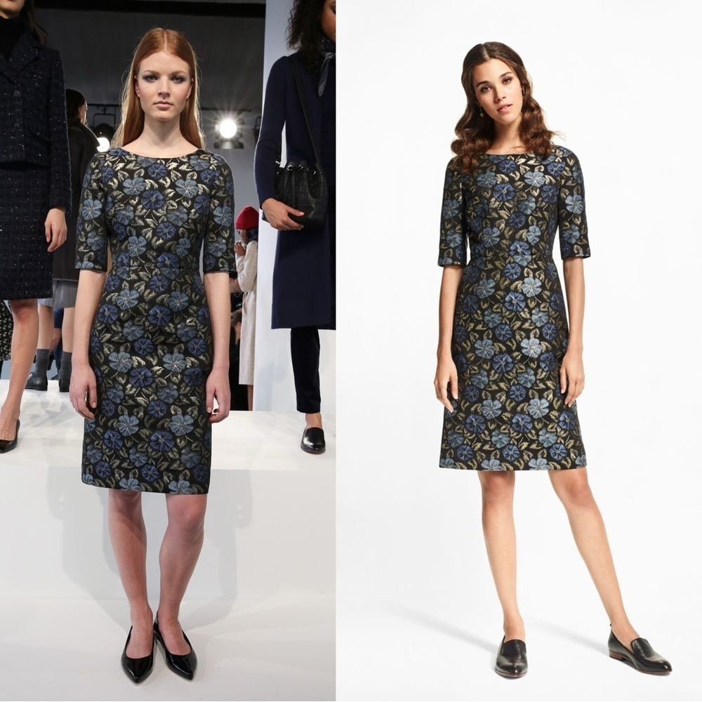 Brooks Brothers Floral Brocade Sheath Dress Blue Gold Metallic Black Fitted